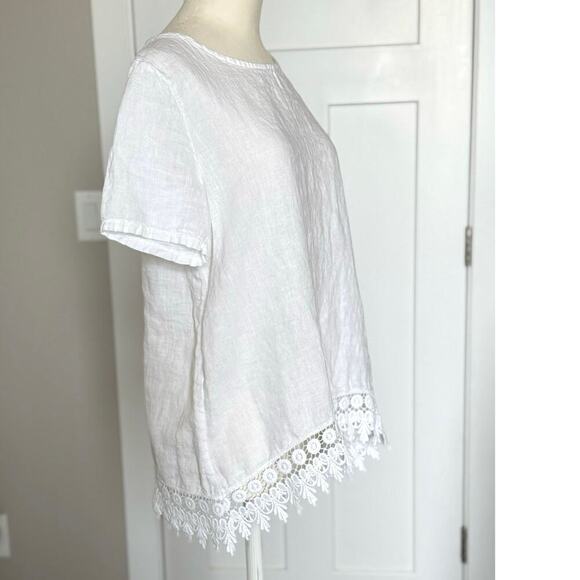 Terzo Millenio White 100% Linen Blouse Size S Crochet Trim Made in Italy Top - Picture 3 of 8